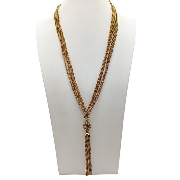 Vintage Talbots Multi Strand Chain Necklace with Tassel and Crystal Bead in Gold - Picture 1 of 4